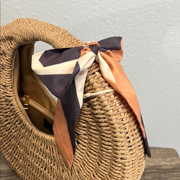 Madison West Tan Woven Hobo Bag with Orange and Black Scarf - Picture 3 of 9